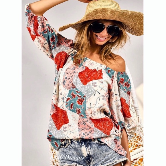 New!Clearance 🔥Boho Floral Patchwork Woven Off Shoulder Ballon Sleeve Soft Top - Picture 4 of 16